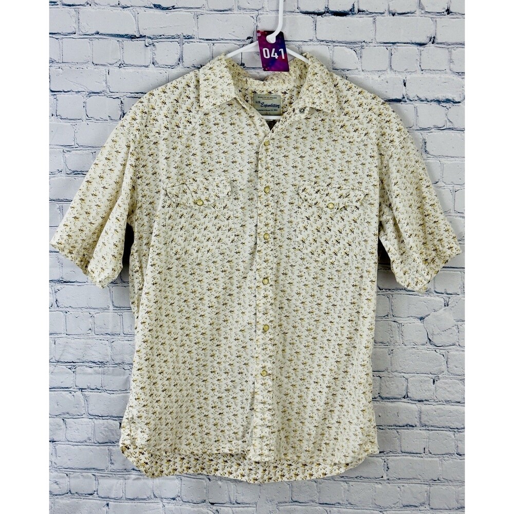 Vtg US Expeditions Pearl Snap Retro Western Cream/Brown Floral Shirt Sz Large SS